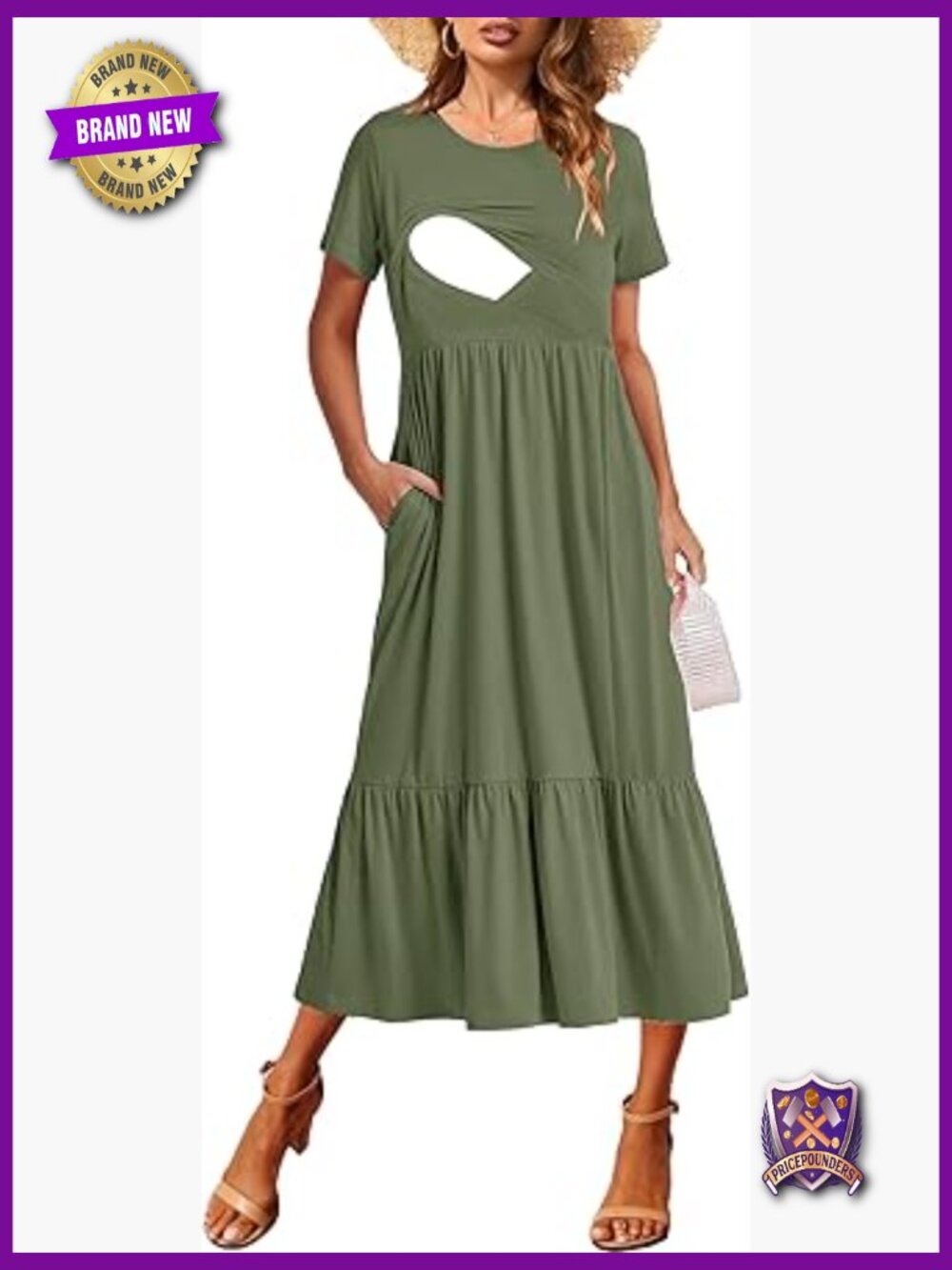Nursing Maternity Flowy Maxi Tiered Dress with Pockets, Crew Neck Short Sleeve